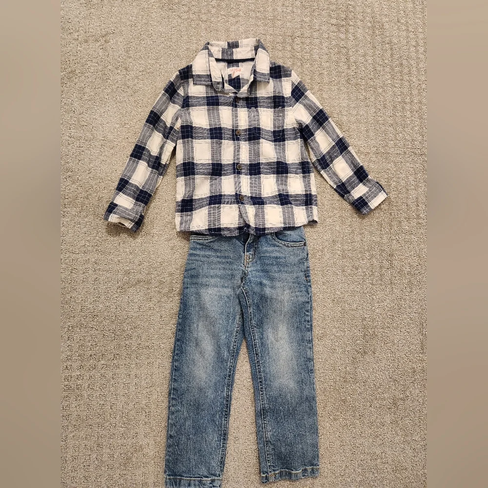 Cat & Jack Toddler Boy fall winter 2 piece outfit jeans and‎ plaid button up 4T